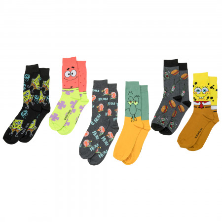SpongeBob SquarePants Assorted Icons Men's 6-Pair Pack of Crew Socks